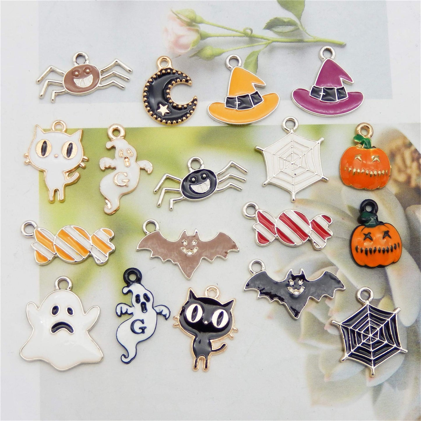 Julie Wang 54pcs Alloy Enamel Halloween Charms Candy Pumpkin Ghost Spider Bat Pendants for Holiday Jewelry Making Party Decoration Crafts DIY