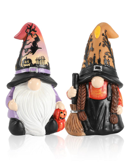 Halloween Gnomes and Witch Figurines - 2Pack Lights Up Fall Gnome Ornaments - 4.5'' Resin Indoor Halloween Decor for Women (Gnomes)