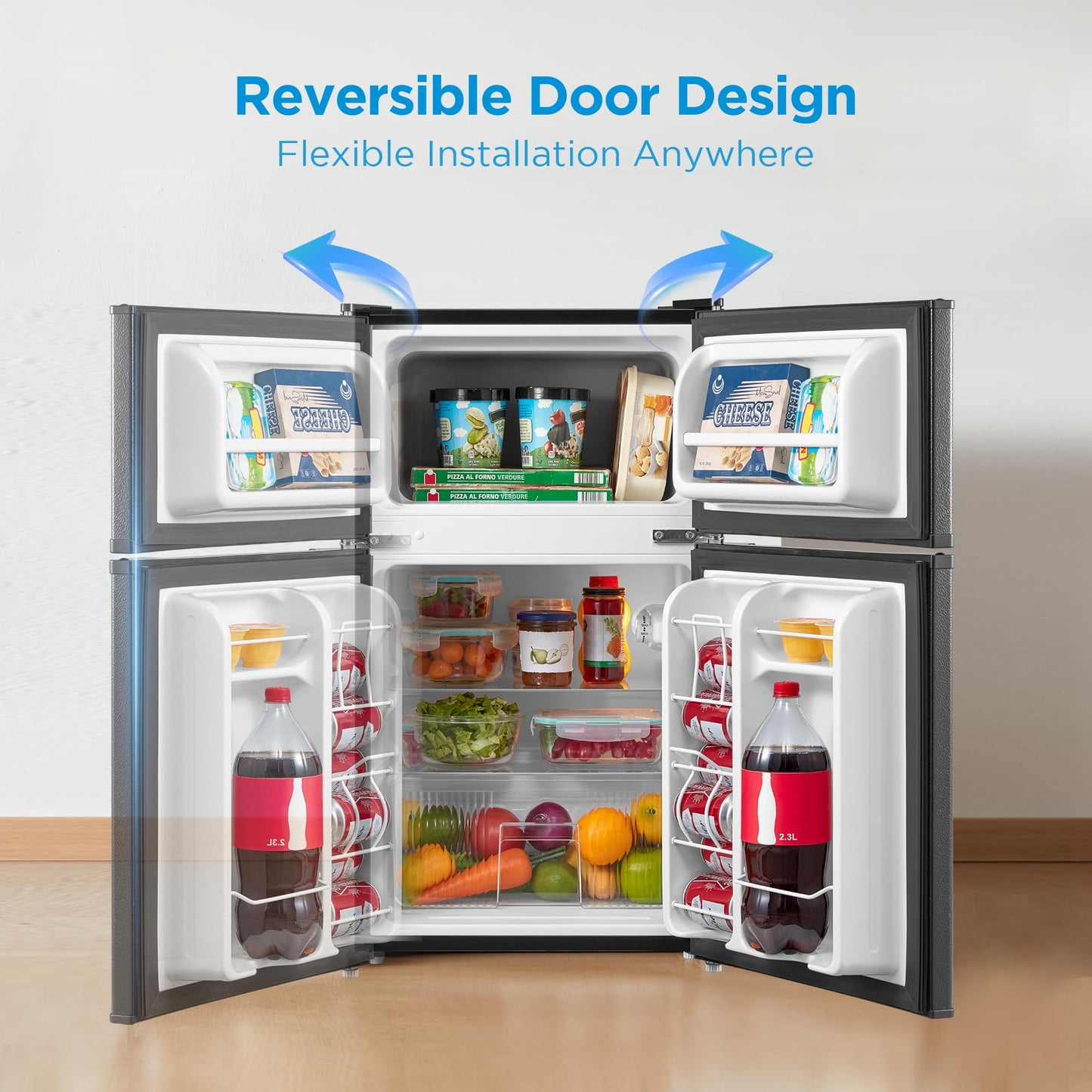 Midea WHD-113FB1 Double Door Mini Fridge with Freezer for Bedroom Office or Dorm with Adjustable Remove Glass Shelves Compact Refrigerator, 3.1 cu ft, Black