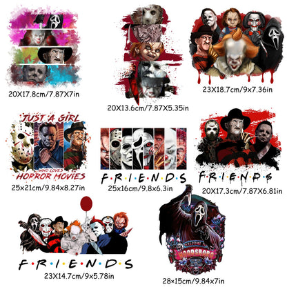 8 Sheet Halloween Iron on Patches Stickers Large Scary Movie Characters Vinyl Heat Transfer Applique Halloween Horror Clown Ghost Face Iron on Decals for T-Shirts Bags Clothing DIY Decorations