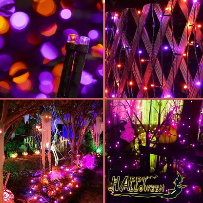 4pk Orange and Purple Solar Halloween Lights Outdoor Waterproof, 400LED 132FT Solar Powered LED String Lights Black Wire with 8 Modes, Solar Fairy Lights for Halloween Horror Party Tree Wedding Decor