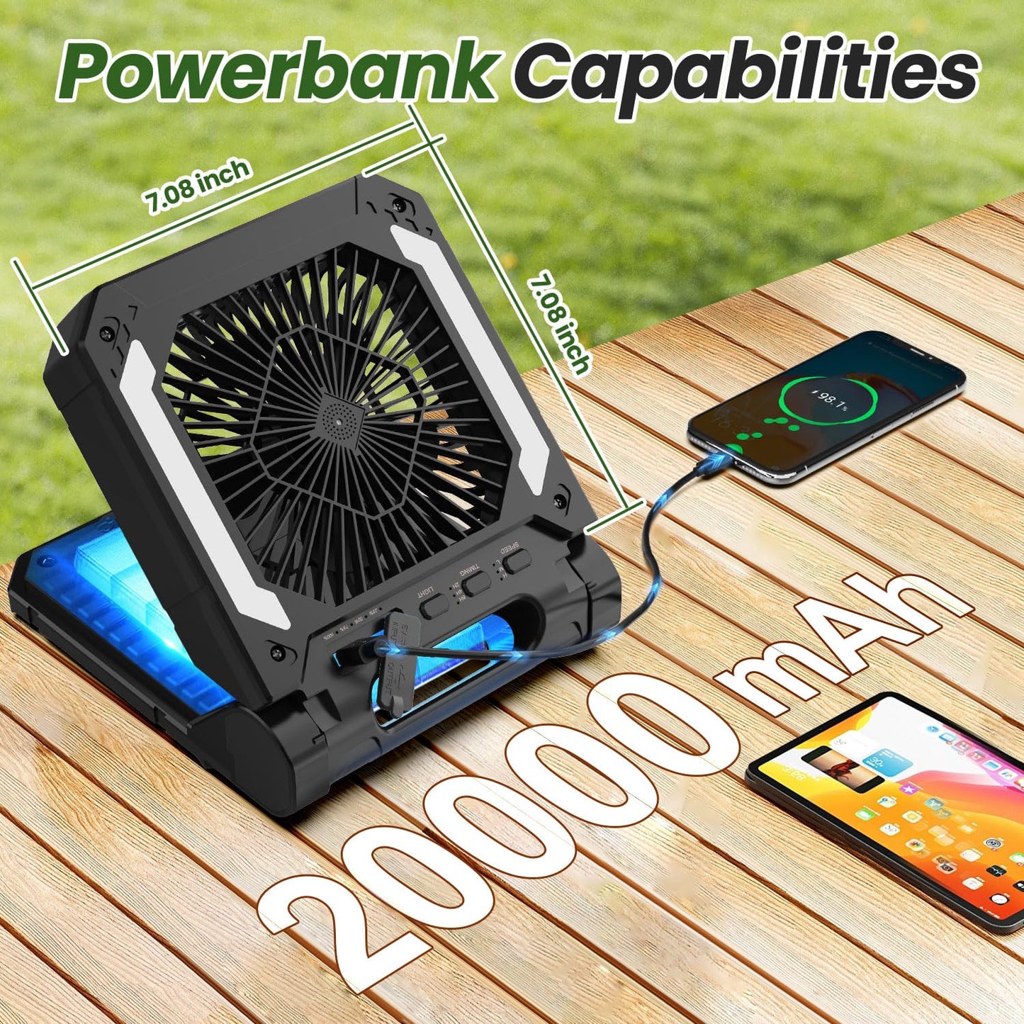 20000mAh Portable Fan Rechargeable with Solar Panel 2-in-1, 3 Speeds Cordless Battery Powered Fan with Led Lantern,Timer, Quiet USB-C Table Fan for Travel Tent Hurricane Office Home Bedroom (Black)