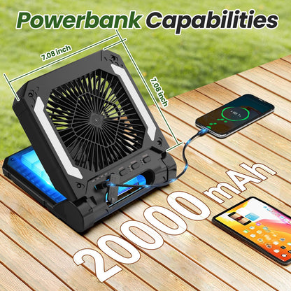 20000mAh Portable Fan Rechargeable with Solar Panel 2-in-1, 3 Speeds Cordless Battery Powered Fan with Led Lantern,Timer, Quiet USB-C Table Fan for Travel Tent Hurricane Office Home Bedroom (Black)