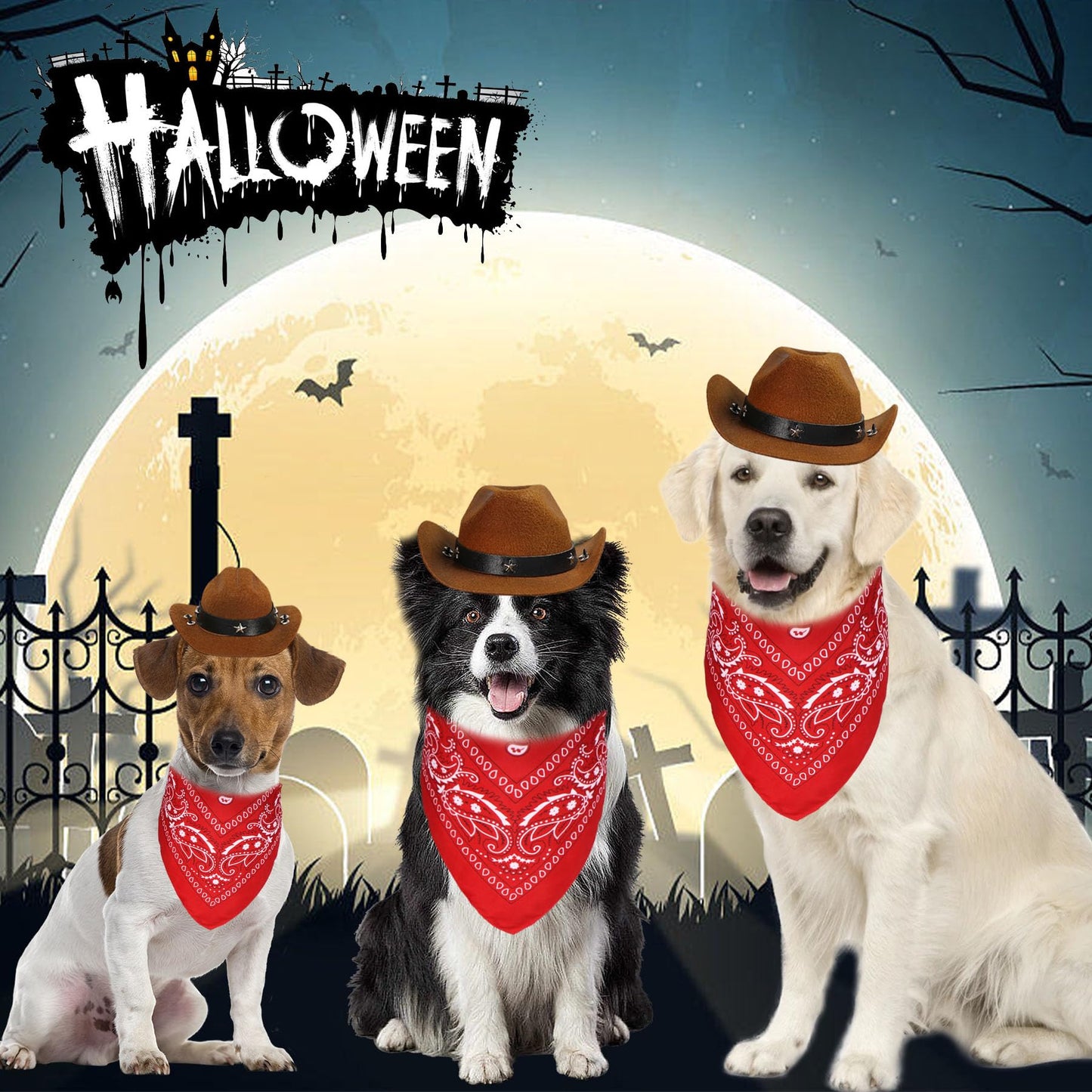 GOYOSWA Dog Halloween Costumes, Dog Cowboy Costume Halloween Pet Cowboy Hat Bandana Scarf for Small Medium Large Dogs Pets (Brown Hat & Red Bandana, Large)