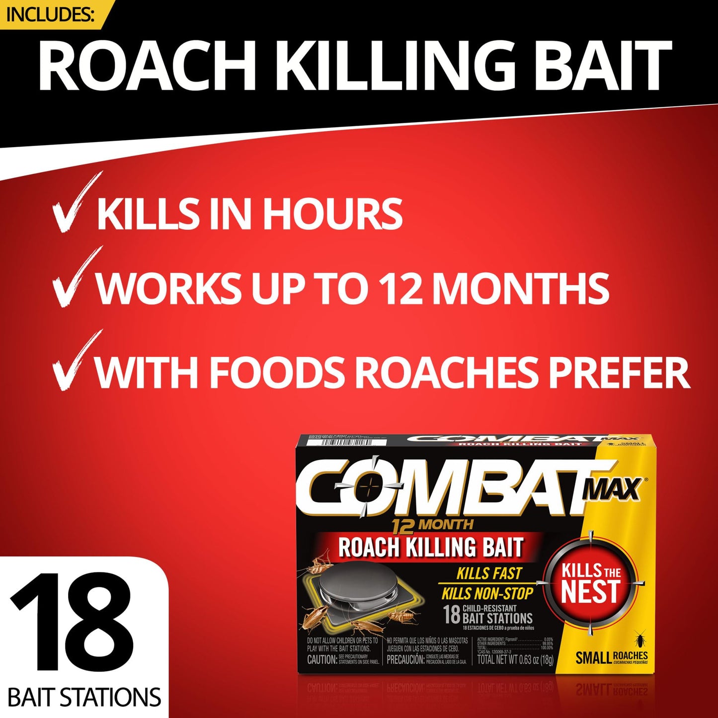 Combat Max 12 Month Roach Killing Bait, Small Roach Bait Station, Child-Resistant, 18 Count