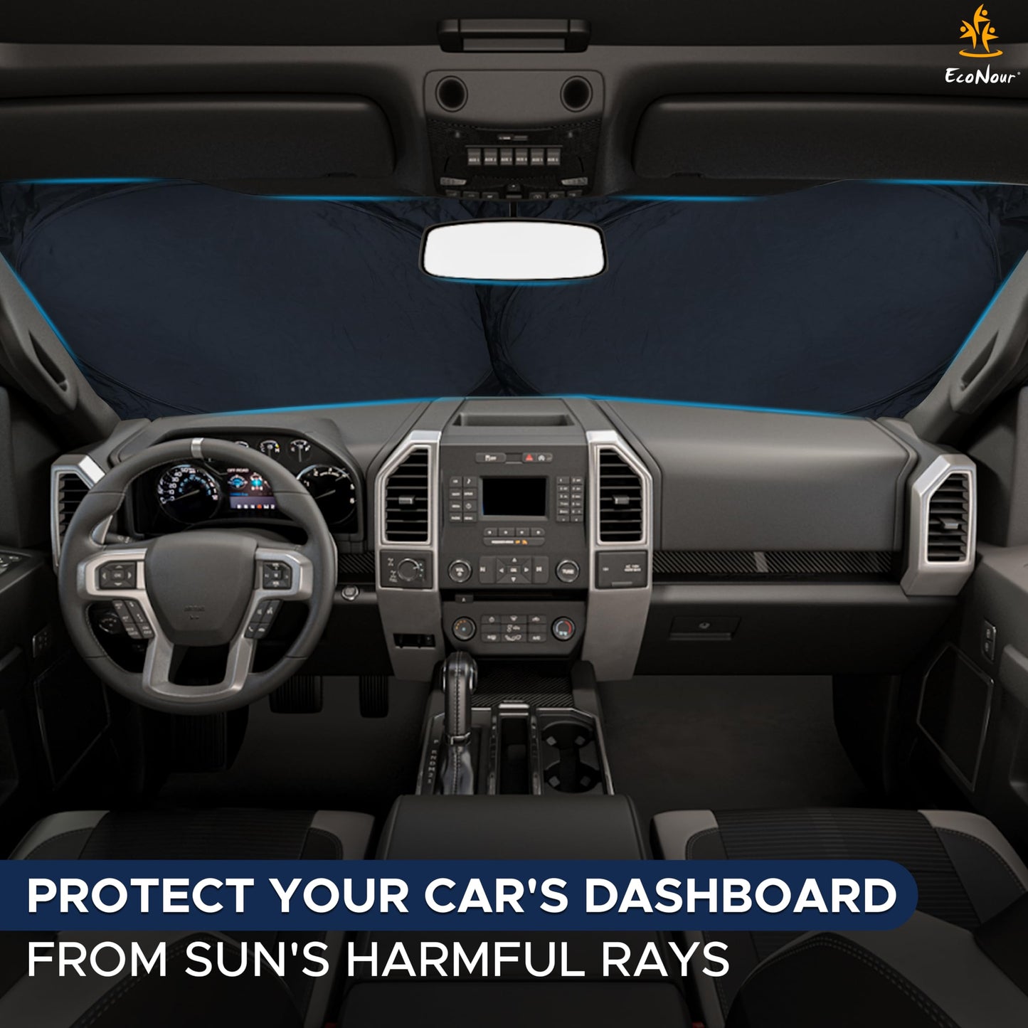 EcoNour Truck Windshield Sun Shade with Storage Pouch - Reflective 240T Material Truck Windshield Cover - Foldable Sun Shield UV Dashboard Protection from Sun Heat | X-Large (69 x 35 inches)