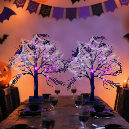 Happy Trees 2 Pcs Halloween Black Spooky Tree with 24 LED Purple Lights, Spider Web and 10 Noctilucent Spiders,18" Artificial Tree Decoration with Timer for Indoor Tabletop Holiday Party