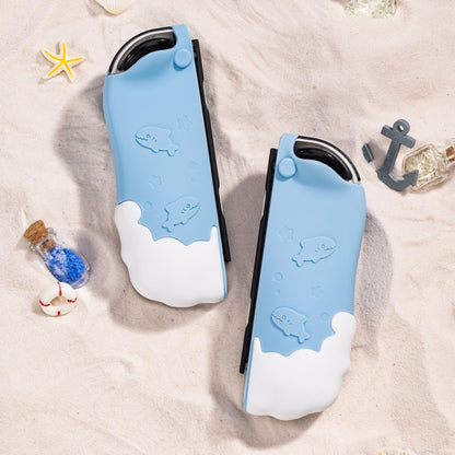 GeekShare Protective Case for Switch Joy Con Controllers,Soft Silicone Protective Cover with 2 Thumb Grips Compatible with Switch/OLED Joy Cons - Shark Party