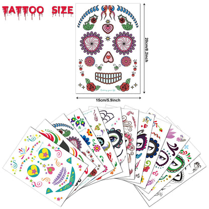 Halloween Temporary Face Tattoos (12Pack), Konsait Day of the Dead Sugar Skull Floral Black Skeleton Web Red Roses Full Face Mask Tattoo for Women Men Adult Kids Boys Halloween Party Favor Supplies