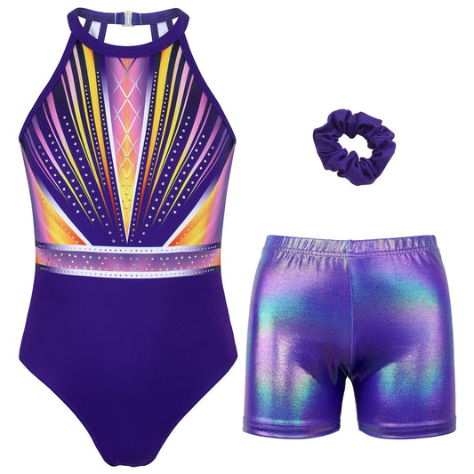 JOYSTREAM Gymnastics Leotards for Girls With Shorts Sparkly Ballet Dance Clasp Back Activewear Sunset Diamond,6-7Years