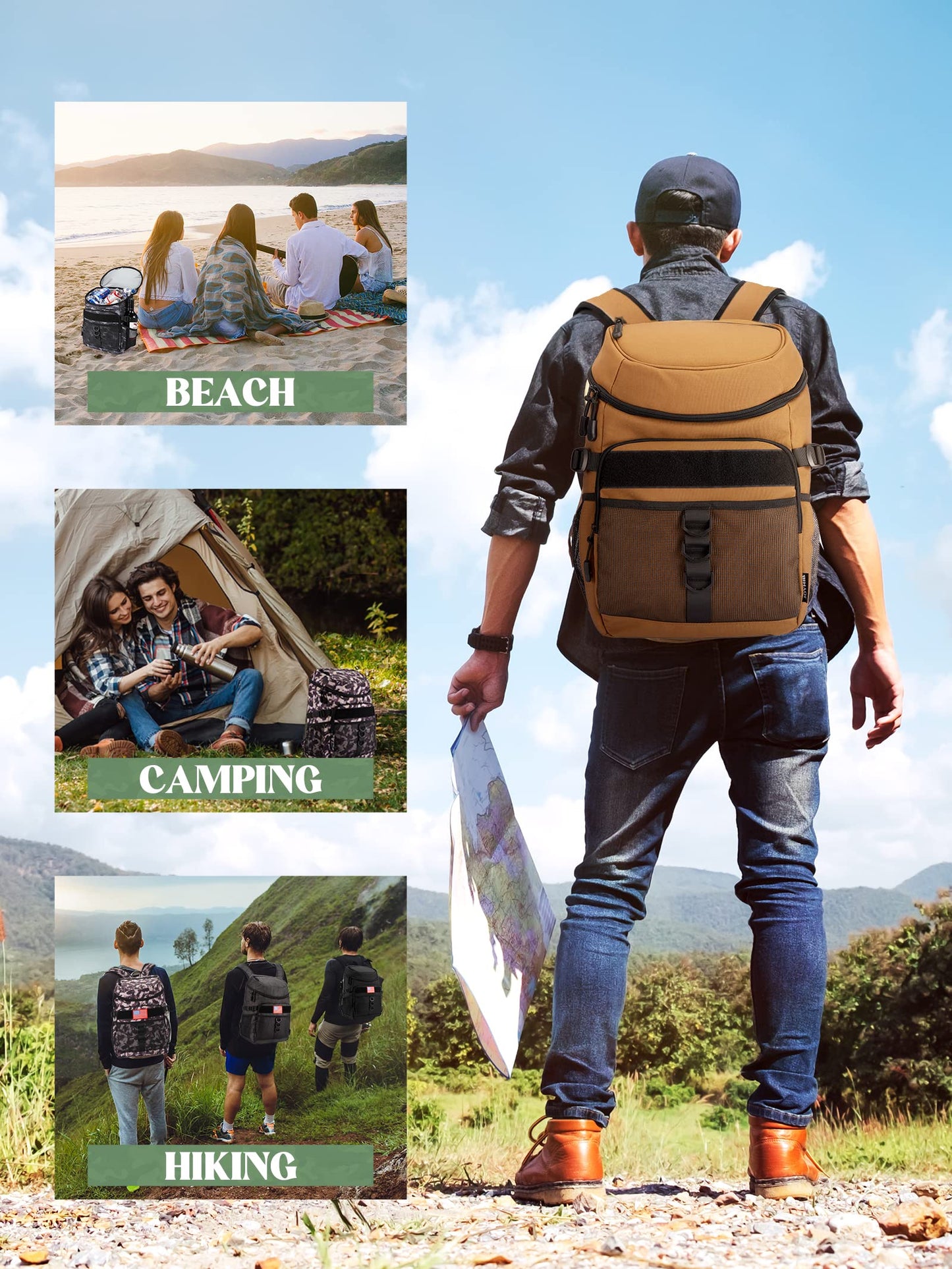 JOYHILL Backpack Cooler, Cooler Backpack Tactical Insulated 36 Cans, 2 Insulated Compartments Thermal Bag for Men Women, Lunch Bag for Camping Hiking Picnic Beach, Black