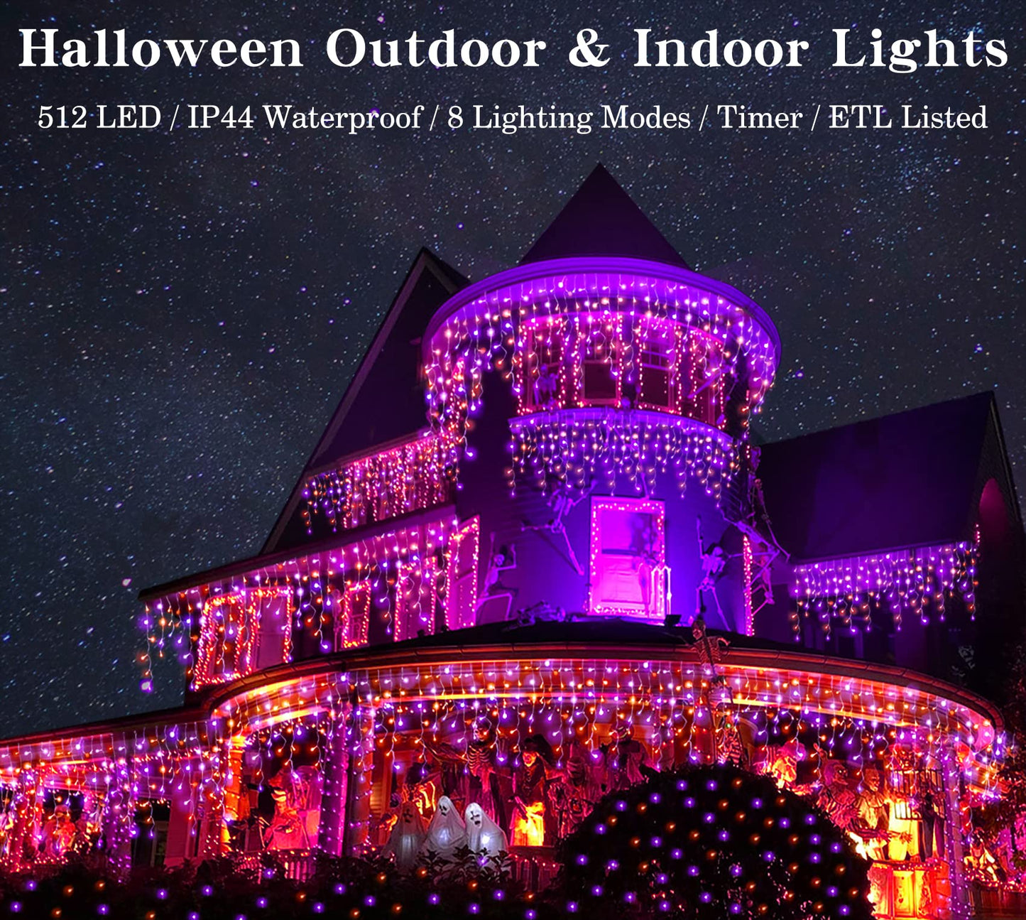 Halloween Icicle Lights Outdoor, 512 LED 46.5 FT 8 Lighting Modes with Timer & Memory, Curtain Fairy String Lights With 96 Drops for Halloween Decorations Holiday Party Eaves Yard (Purple & Orange)
