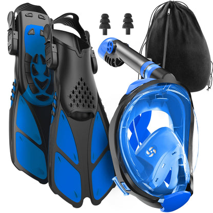 COZIA DESIGN Snorkeling Gear for Adults - Full Face Snorkel Mask and Swim Fins, 180° Panoramic View Snorkel Mask, Anti Fog and Anti Leak Adult Snorkel Set (Blue, Mask M - Fins M)