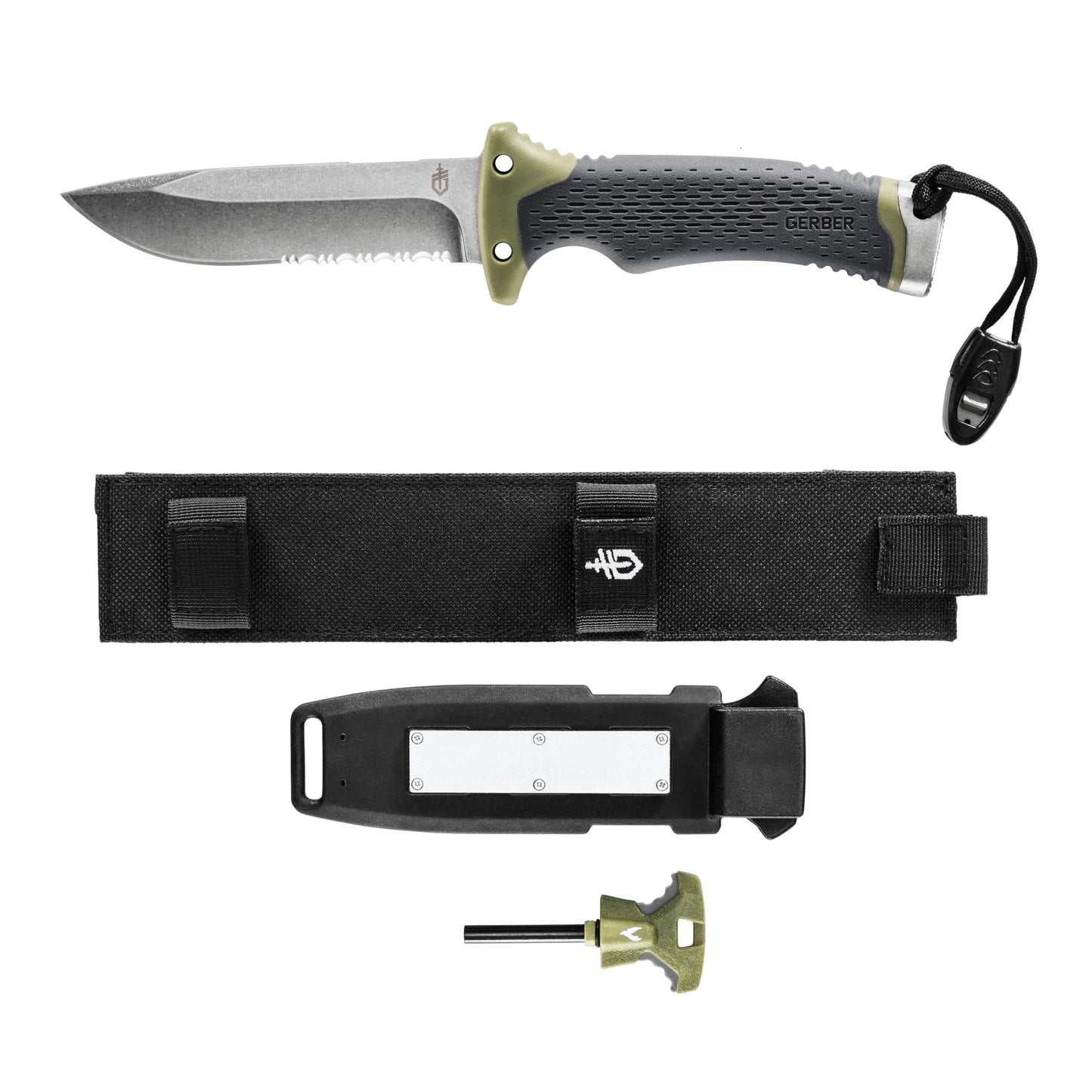Gerber Gear Ultimate Survival Knife, Fixed Blade Knife with Combo Edge, includes Fire Starter Edge and Ferro Rod, Whistle, Sheath with Integrated Sharpener - Bushcraft, Hunting and Camping Tool