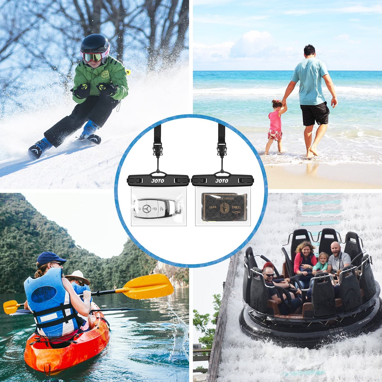 JOTO 2 Pack Waterproof Car Key FOB Case with Lanyard for Swimming Surfing, Small Waterproof Wallet Dry Bag for Money Credit ID Card Cash Coins -Black