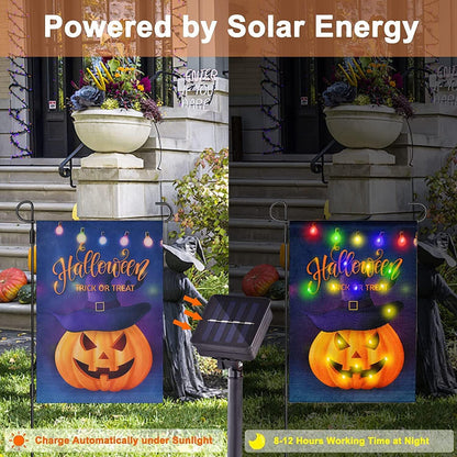 JUSHEN Halloween LED Lighted Garden Flag, Double Sided Solar Lighted Garden Flag, Vertical Halloween Pumpkin Lantern House Flag for Outdoor Yard Garden Decoration(12x18 Inch)