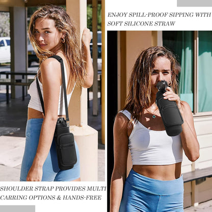 Fimibuke 32 oz Water Bottle with Sleeve - BPA Free Leakproof Sport Large 1L Plastic Motivational Water Bottle with Straw & Strap & Insulated Neoprene Holder Carrier Bag for Women Men(A1.Black)