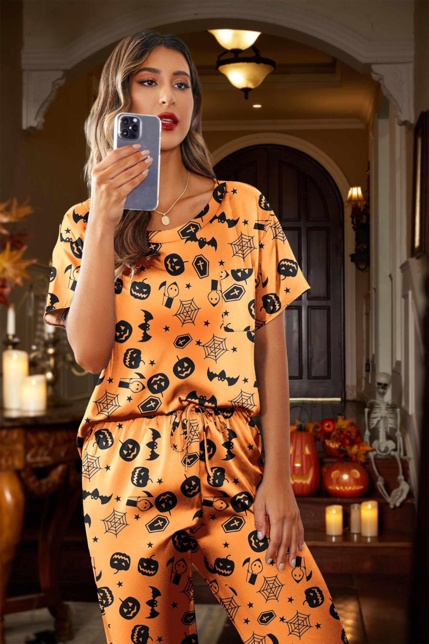 Ekouaer Womens Satin Silky Pajama Set Short Sleeve Shirt with Long Pajama Pant Set Soft PJ Loungewear