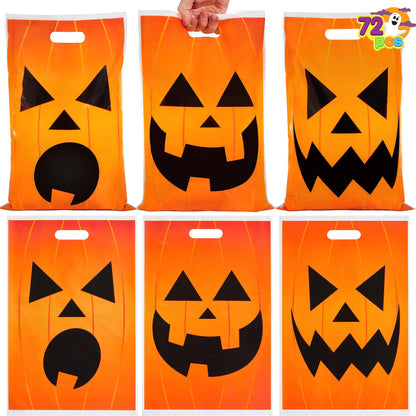 JOYIN 72 Pcs Halloween Goodie Bag, Pumpkin Plastic Candy Bags for Kids trick or treating, Halloween Jack o' Lantern Trick or Treat Bags for Snacks Party Favors, Treats Party Supplies