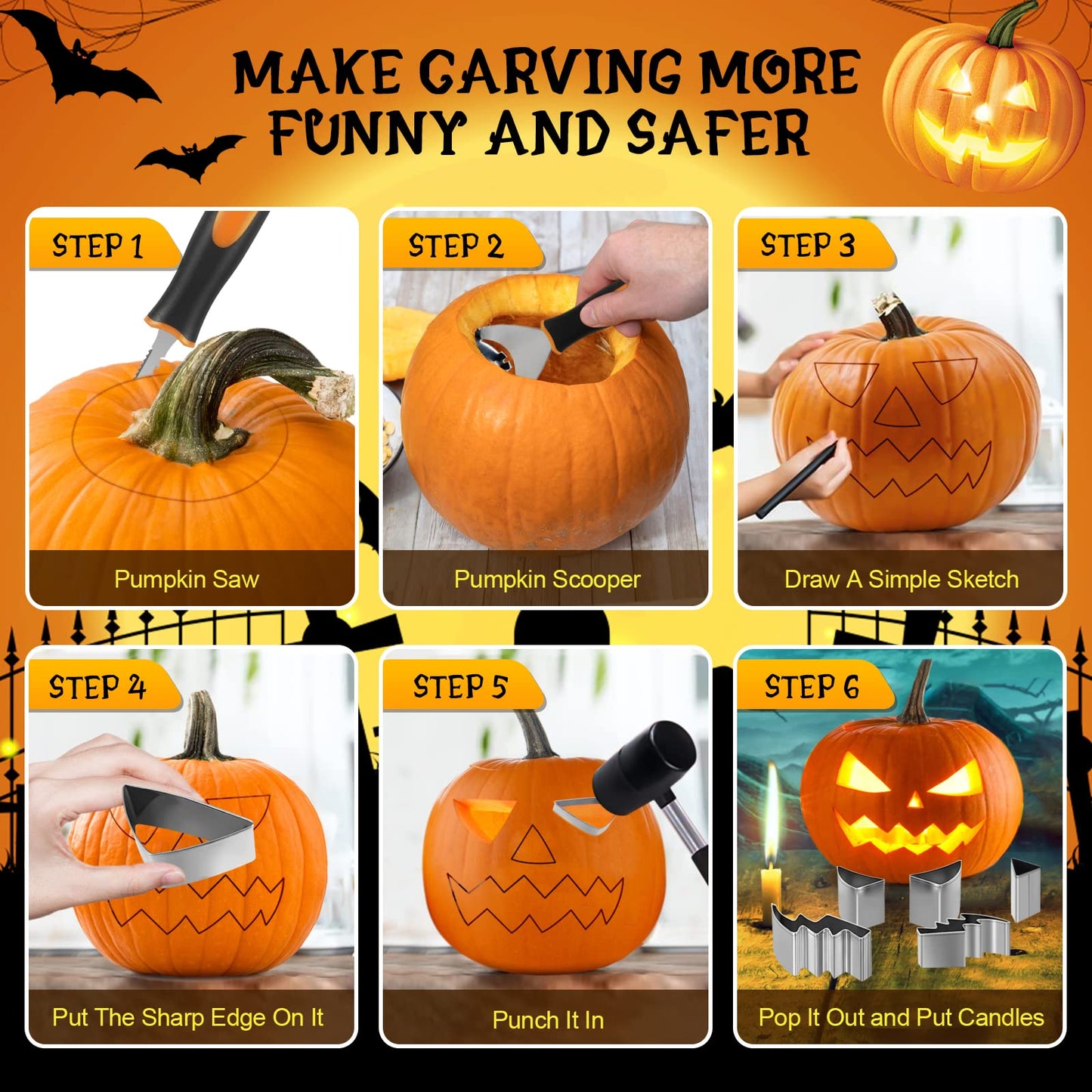 Halloween Pumpkin Carving Kit, 21 PCS Safe and Easy Pumpkin Carving Tools with Stainless Steel Stencils for Halloween Decoration, DIY Cookie Cutters for Kids Adults