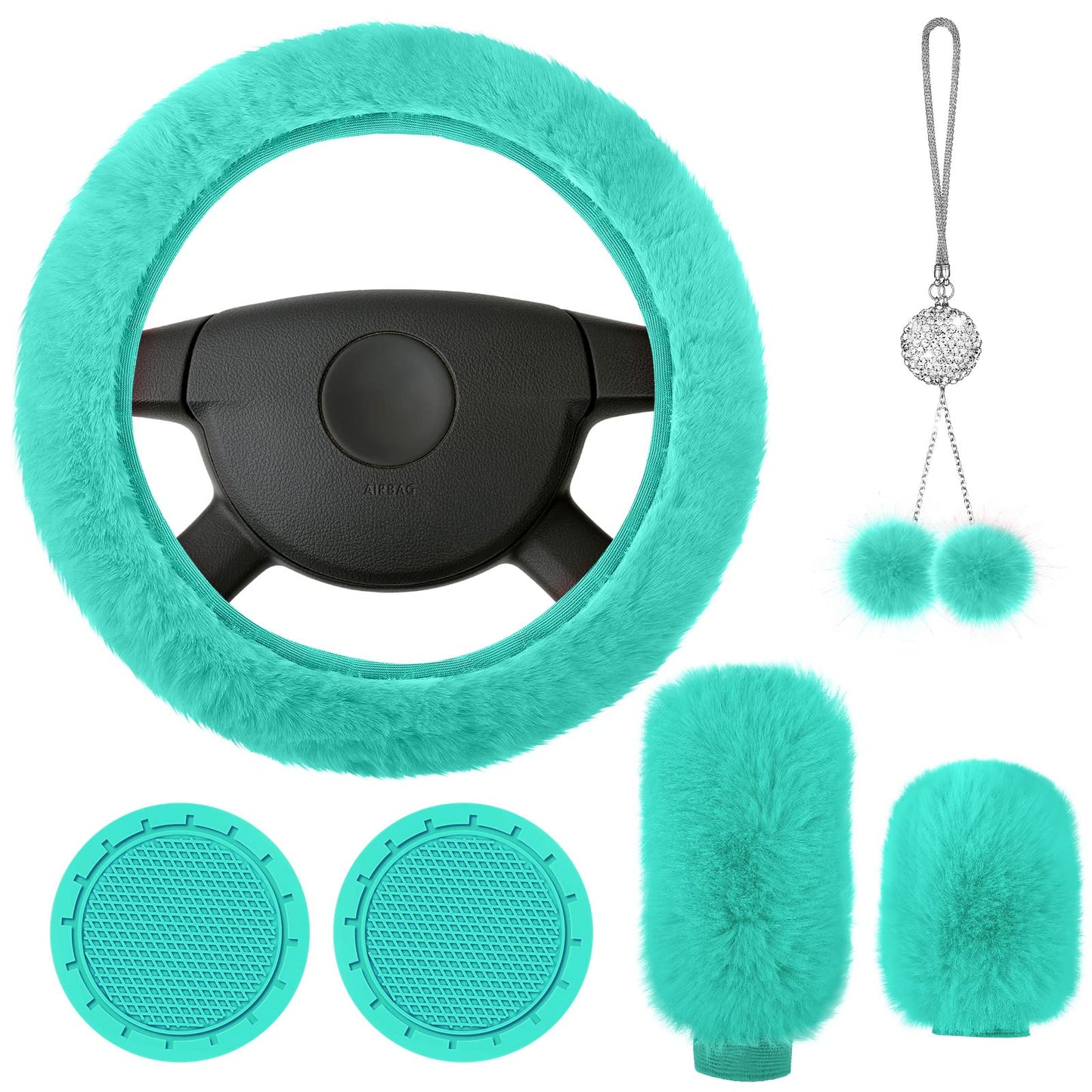 Frienda 6 Pieces Fluffy Car Accessories Set Bling Fluffy Steering Wheel Cover Soft Fuzz Handbrake Gear Shift Cover Bling Mirror Fuzz Car Pad Decoration(Mint Green)