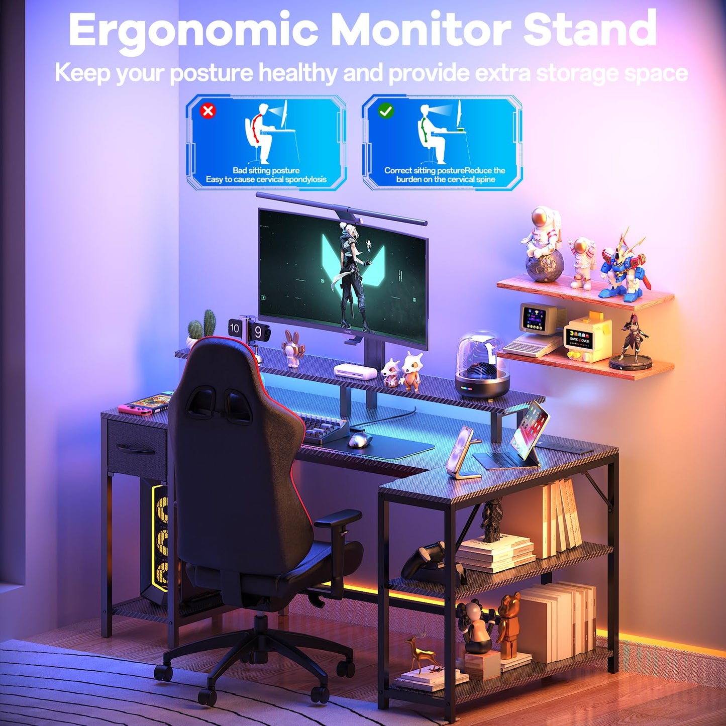 Eivanet 47 inch Gaming Desk with USB Charging Ports and LED Light, Reversible L Shaped Desk, L Shaped Desk with Hook & Monitor Stand, Computer Desk with Drawer and Shelves for Home Office Bedroom