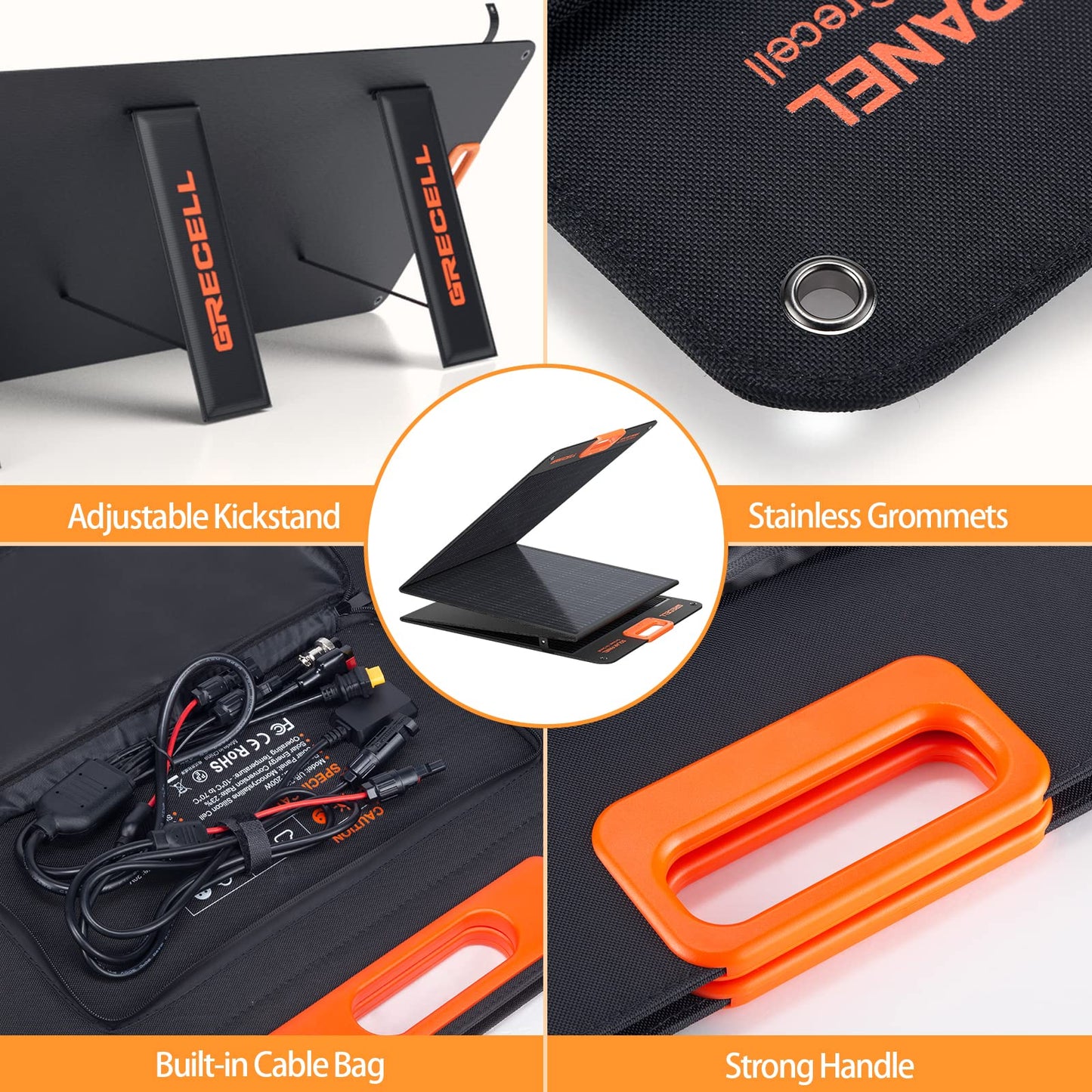 GRECELL 200W Portable Solar Panel for Power Station, Foldable Solar Charger w/ 4 Kickstands, IP65 Waterproof Solar Panel Kit w/DC XT60 Anderson Aviation Output for Outdoor RV Camper Blackout