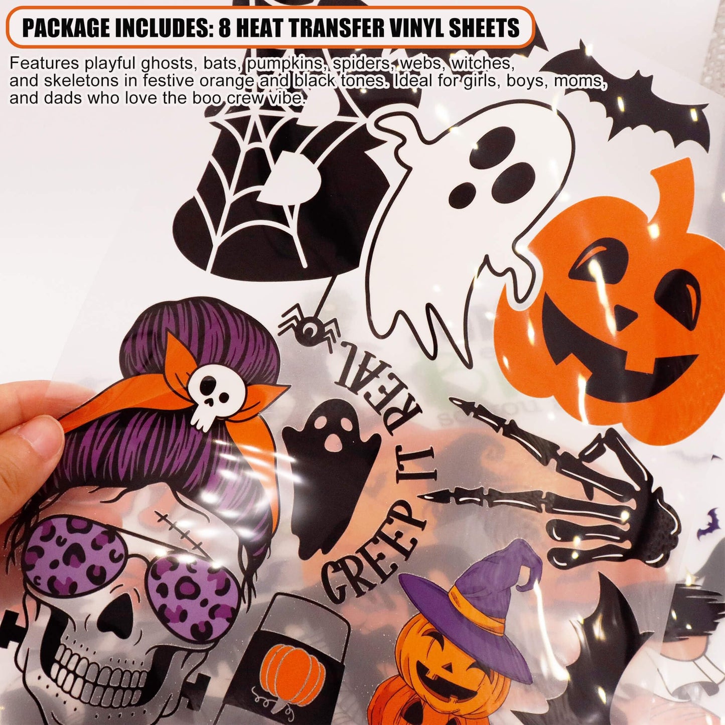 DIY Halloween Shirts for Women Kids Trick or Treat Bags Iron-on Heat Transfer Vinyls Set for Halloween Basket Pajamas Pillow Covers Blanket Tablecloth Runner Personalized Gifts Home Decorations