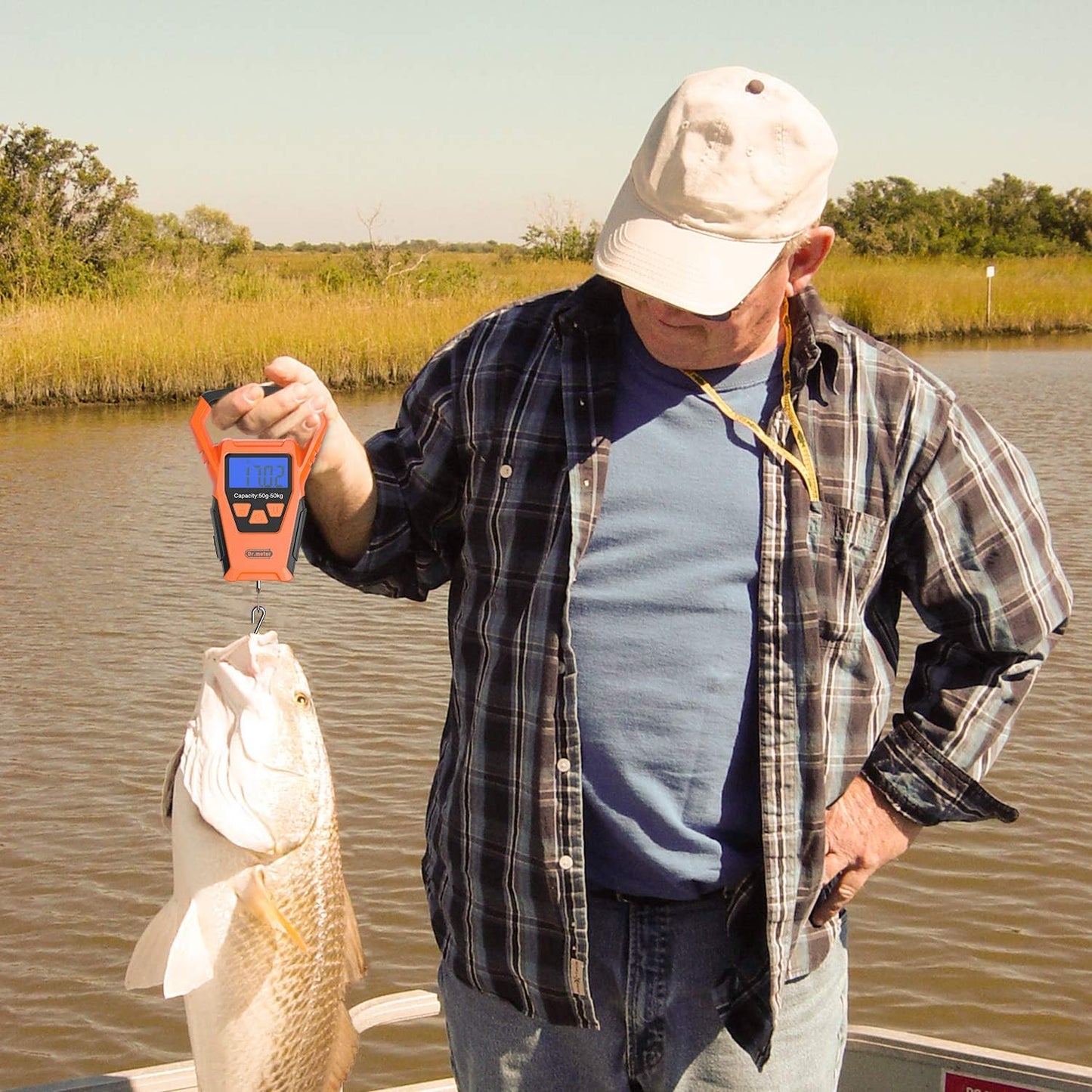 Dr.meter Fish Scale Waterproof: Luggage Weight Scale with Bigger Handle and Hook Upgraded IPX7 110lb/50kg Backlit LCD Display Digital Hanging, Built-in Tape, Battery Included, Fishing Gifts for Men