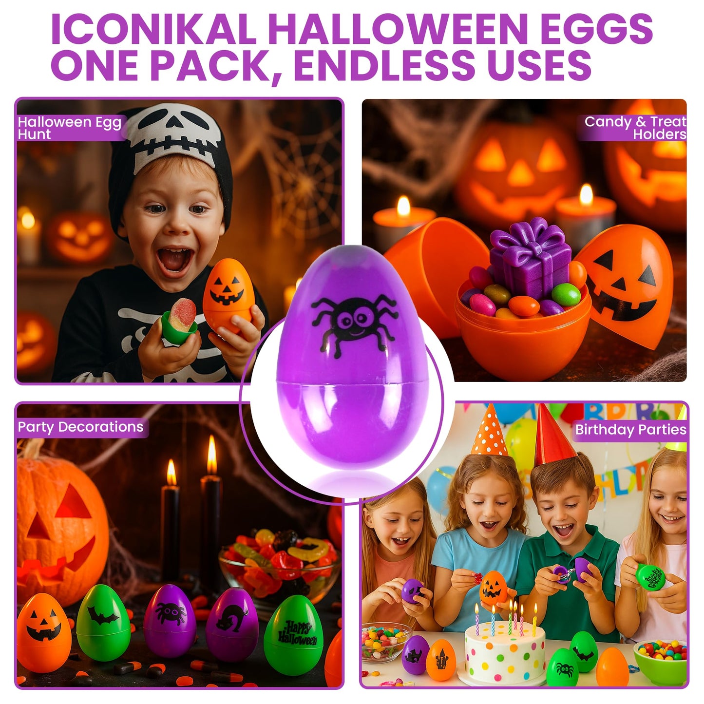Iconikal 72-Count Halloween Eggs - Durable Plastic Holiday Treat Containers in Orange, Neon Green, and Purple Featuring 6 Different Fun Designs (2.3 x 1.6)