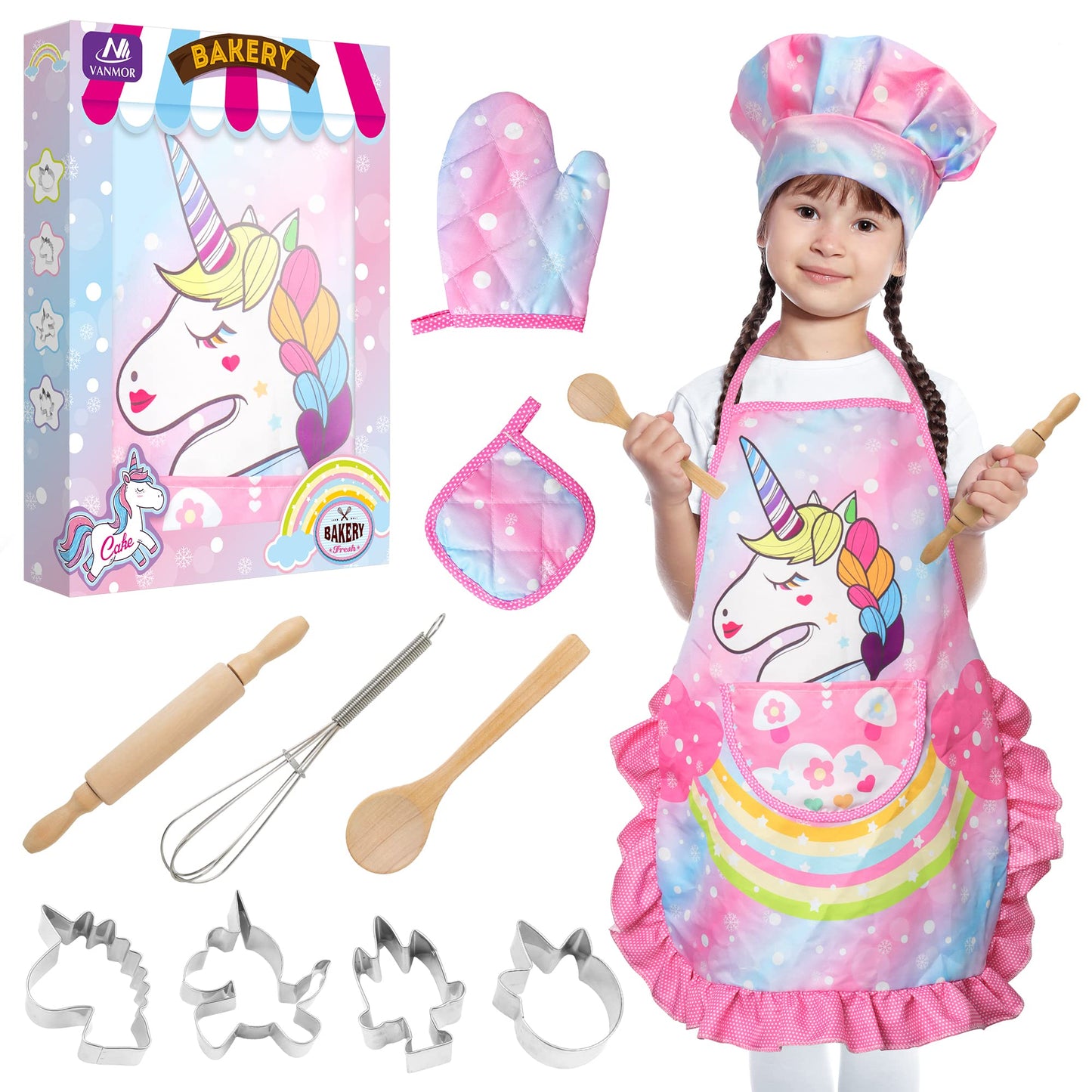 Vanmor Unicorn Kids Cooking and Baking Sets, 11Pcs Kids Aprons for Girls, Kids Chef Hat and Pink Apron, Mitt & Utensil for Toddler Dress Up Chef Costume Birthday Gifts for 3 4 5 6 7 8 Years Old Girls