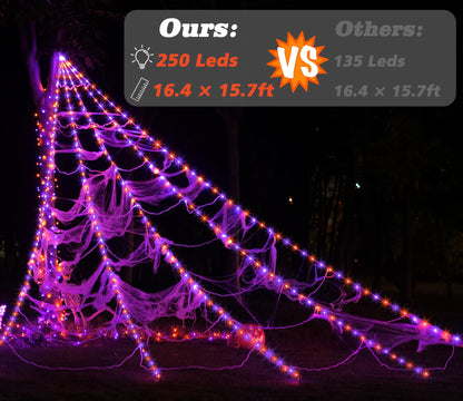 Halloween Spider Web Lights Decoration 250 LED Light up Spider Webs Halloween Decorations Outdoor with 59" Large Spider & 3.53 oz Stretch Cobweb 16.4 Ft Giant Web with 8 Modes (Purple & Orange)