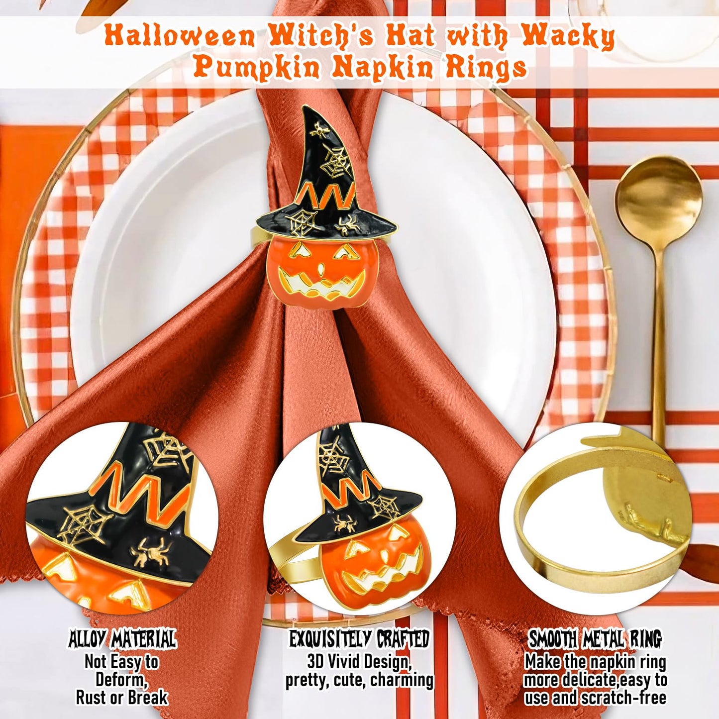 Legigo Set of 6 Halloween Napkin Rings for Dinning Table Settings- Horror Scary Orange Pumpkin Black Witch Hat Napkin Holder Ring for Holiday Party Kitchen Dinner Table Decarations