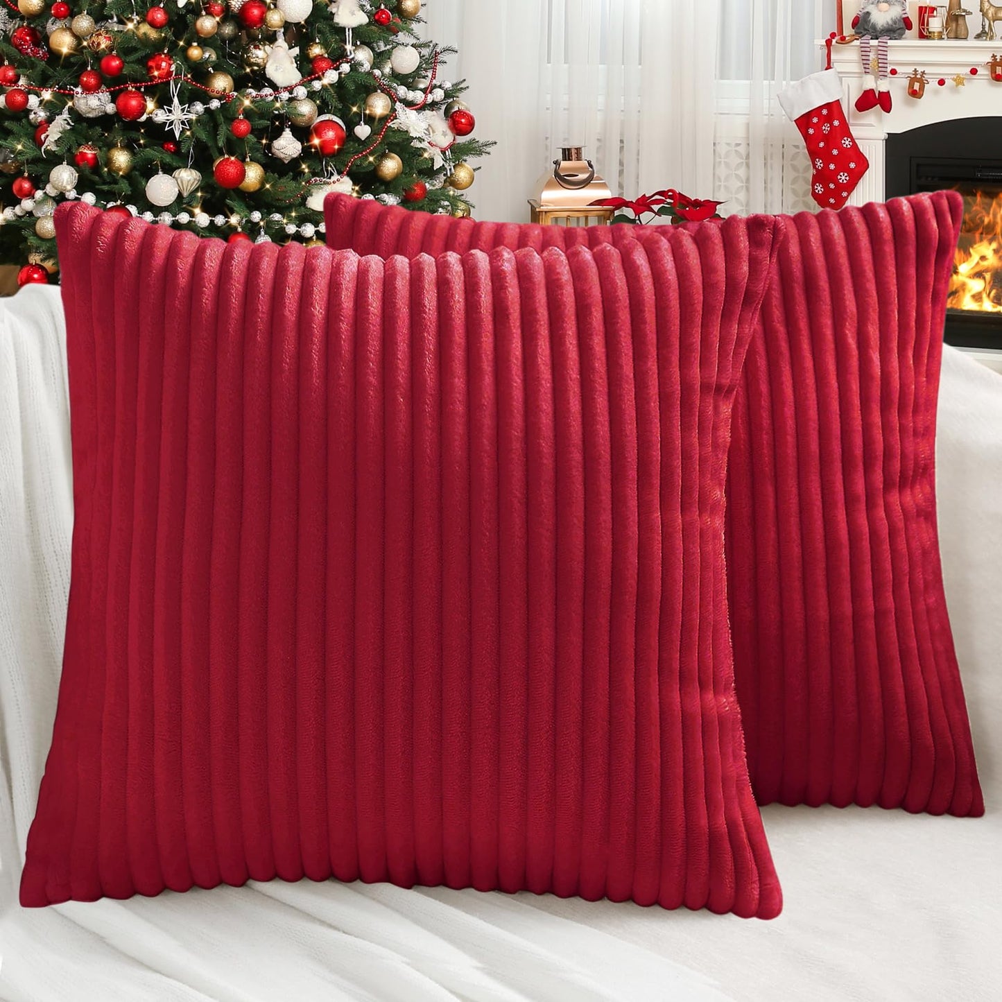 Simmore Decorative Christmas Throw Pillow Covers 18x18 Set of 2, Soft Natural Plush Flannel Double-Sided Fluffy Couch Pillow Covers for Sofa Living Room, Red
