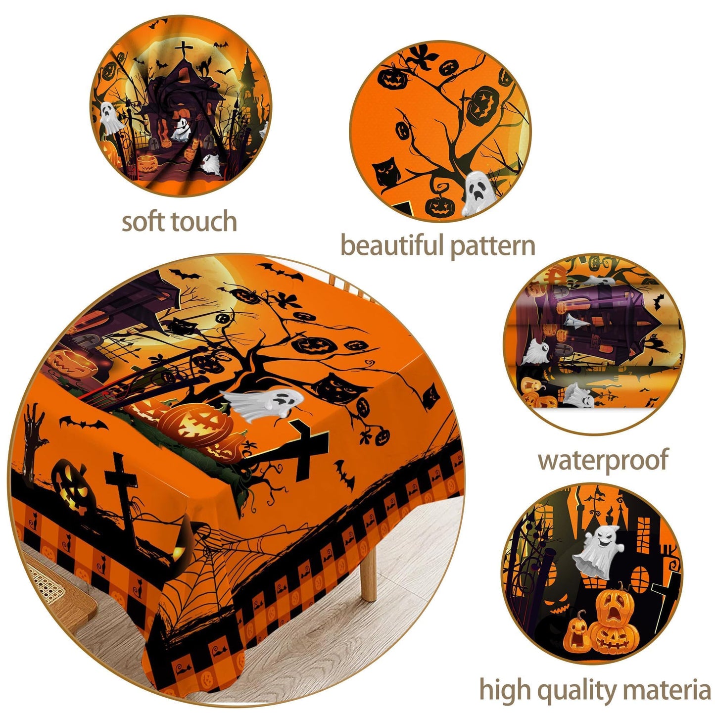 Hexagram Halloween Tablecloth Rectangle Pumpkin Tablecloths 60 x 84 inches Castle Ghost Table Cloth