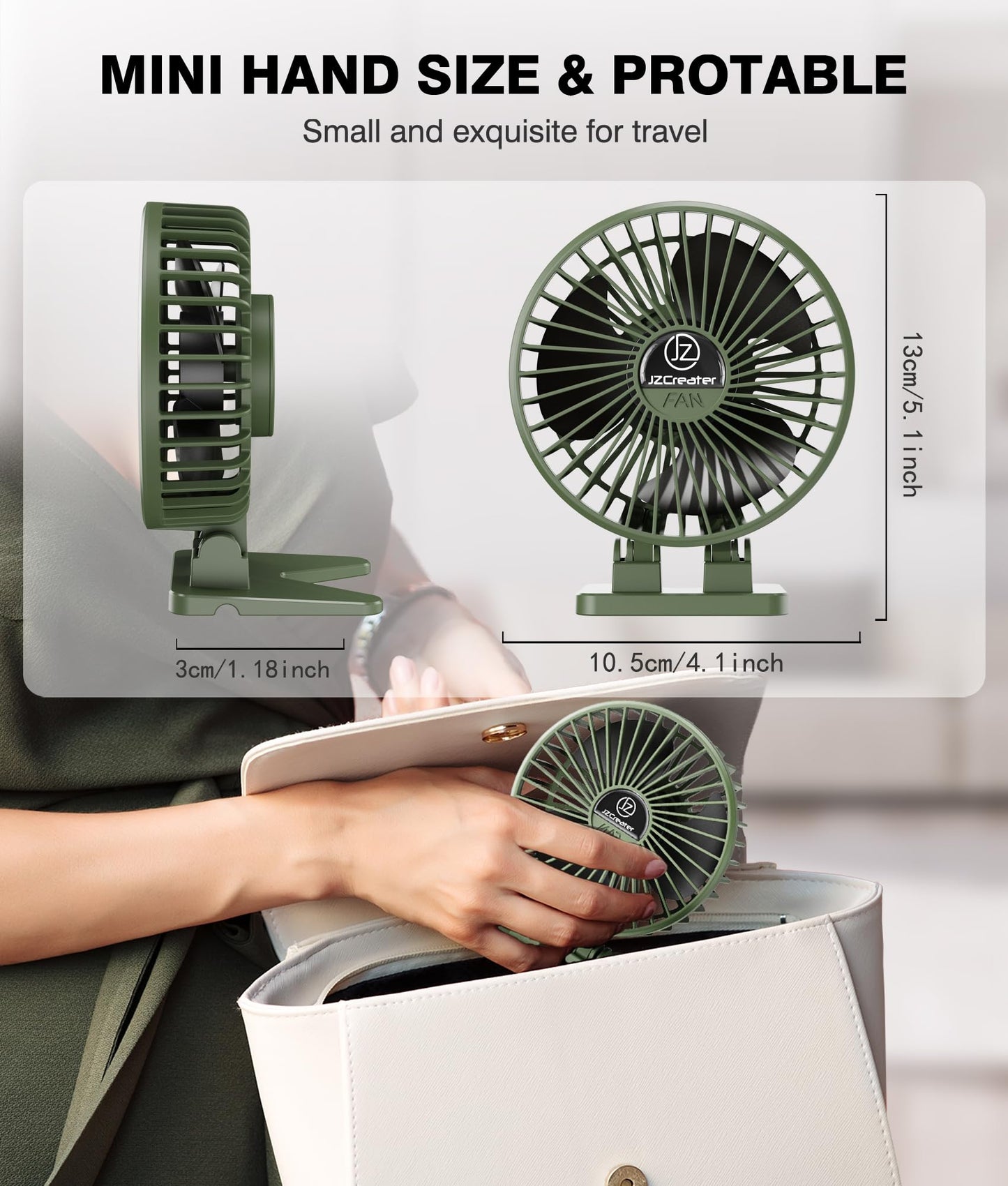JZCreater USB Desk Fan, Mini Fan Portable, 3 Speeds Desktop Table Cooling Fans, Plug in Power Fans, Rotation Strong Wind, Quiet Personal Small Fan for Home Desktop Office Travel Bedroom, Army Green