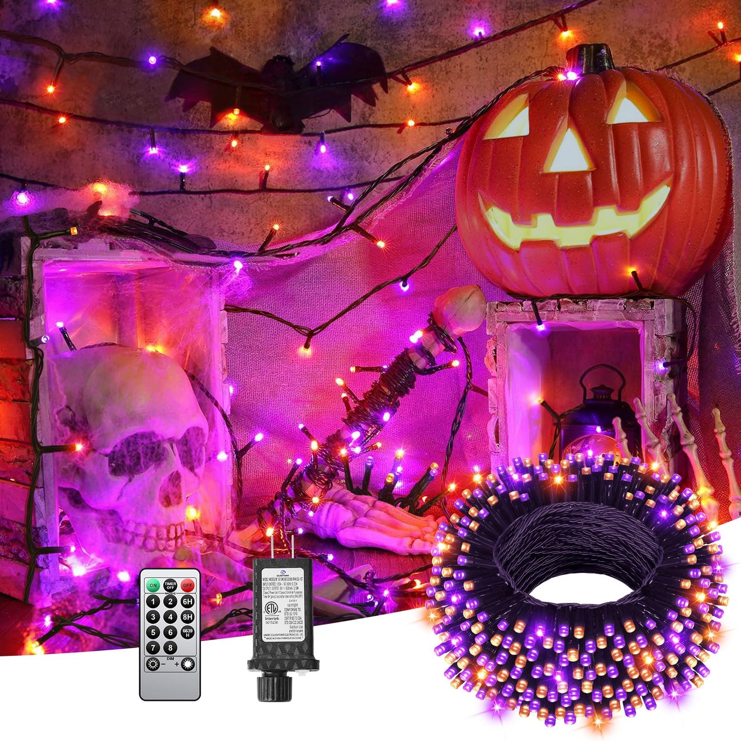 JIXXULVU 125 FT 380 LED Halloween String Lights, Outdoor Waterproof Black Wire with 8 Modes, Timer & Memory, Plug-in Halloween String Lights for Indoor Yard Tree Decorations, Purple & Orange