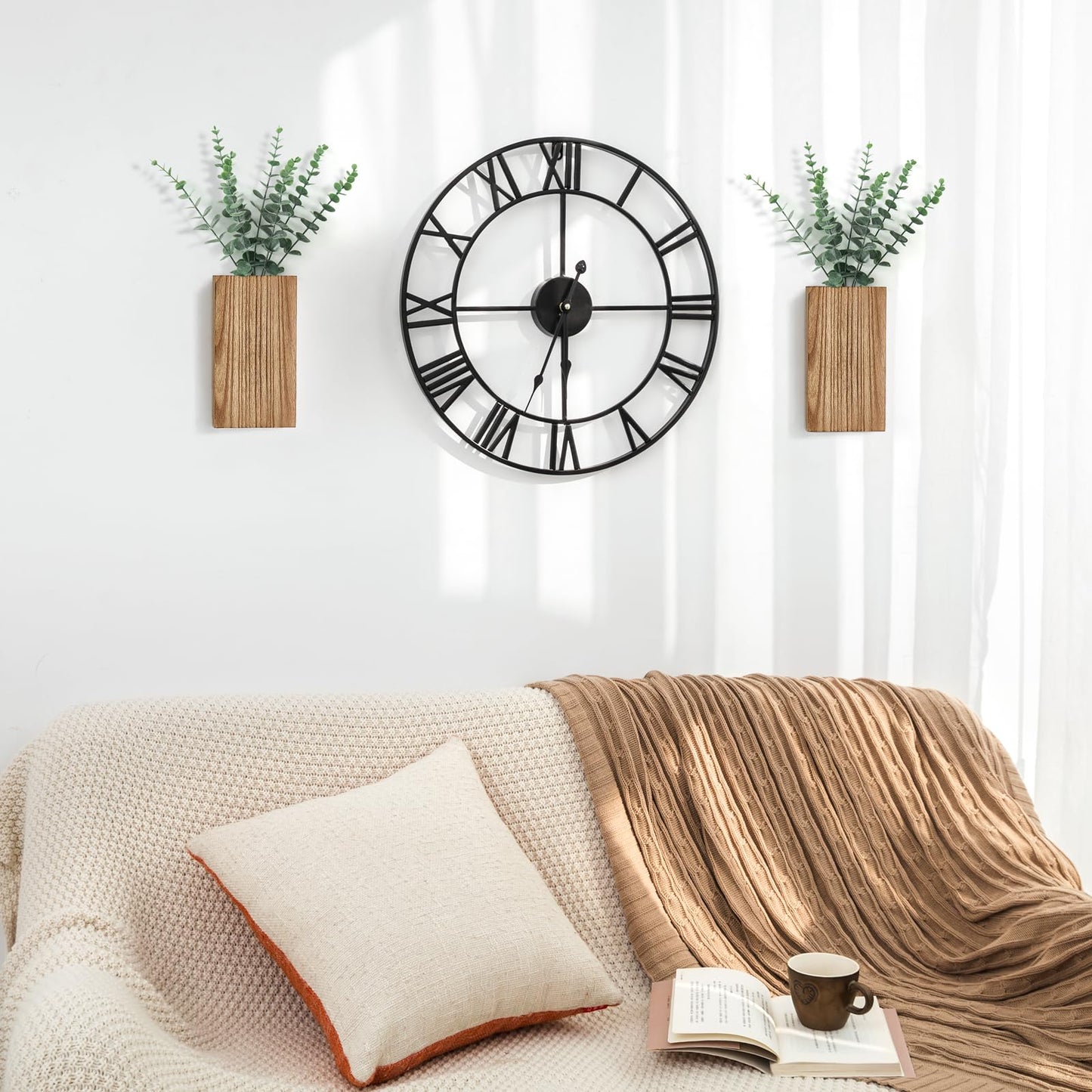 Dahey 2 Pack Wood Wall Planter Vase with Artificial Eucalyptus Farmhouse Wall Hanging Decor Pocket Planter for Indoor Fake Plants Greenery Flowers, livingroom Bedroom Kitchen Home Office Decoration