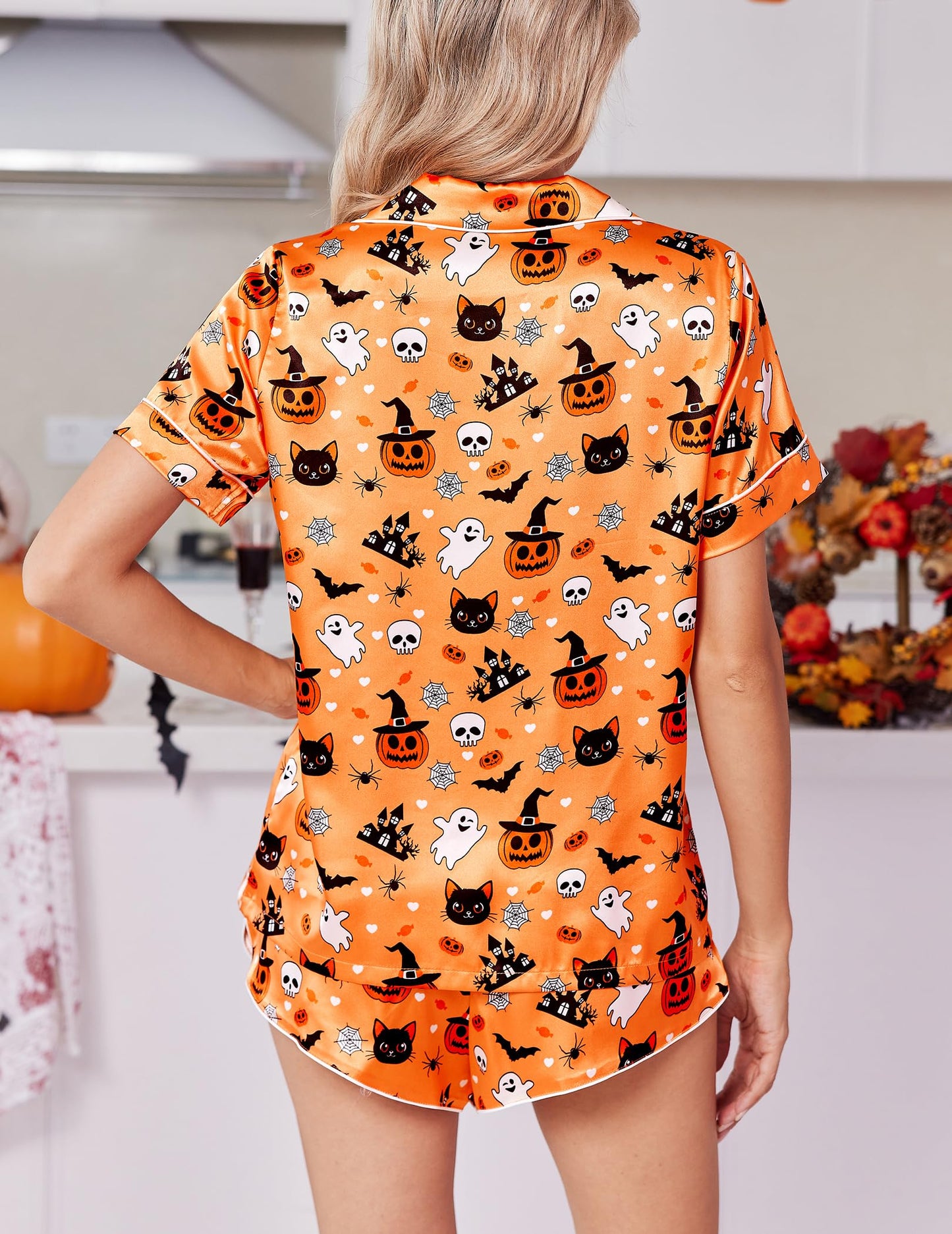Ekouaer Womens Silky Satin Pajamas Short Sleeve Sleepwear Soft Button Down Loungewear 2 Piece PJS Shorts Set Orange Halloween Print Small
