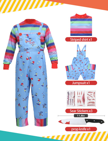 KUGVDI Halloween Chucky Costume for Kids Adult Good Guys Doll Child’s Play Cosplay Jumpsuit Includes Tattoo Scars and Prop Knife（M）