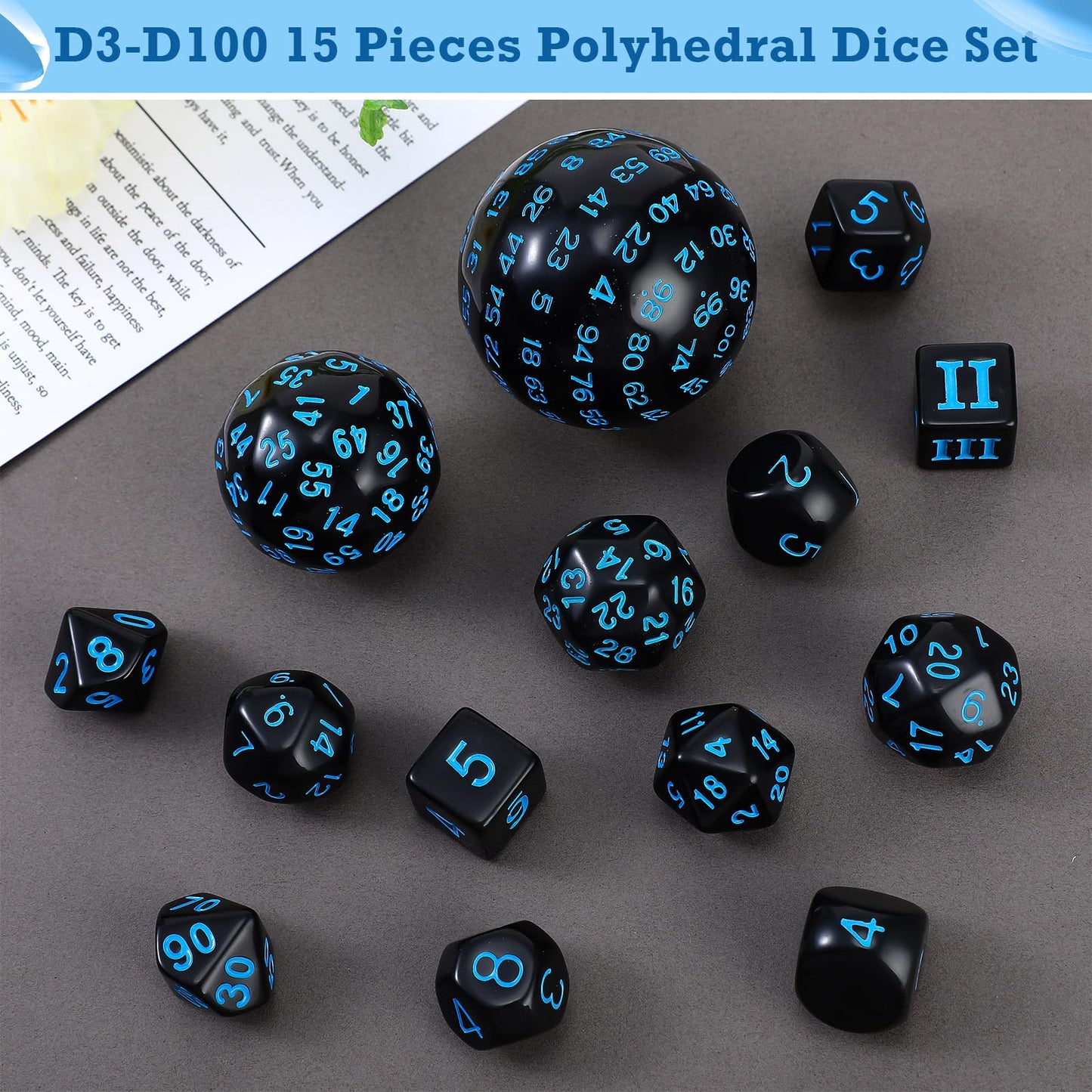 Civaner 15 Pcs Complete Polyhedral Dice Set D3-D100 Spherical RPG Dice Set in Opaque Black, 100 Sides for Role Playing Table Games Party Supplies(Black and Blue)