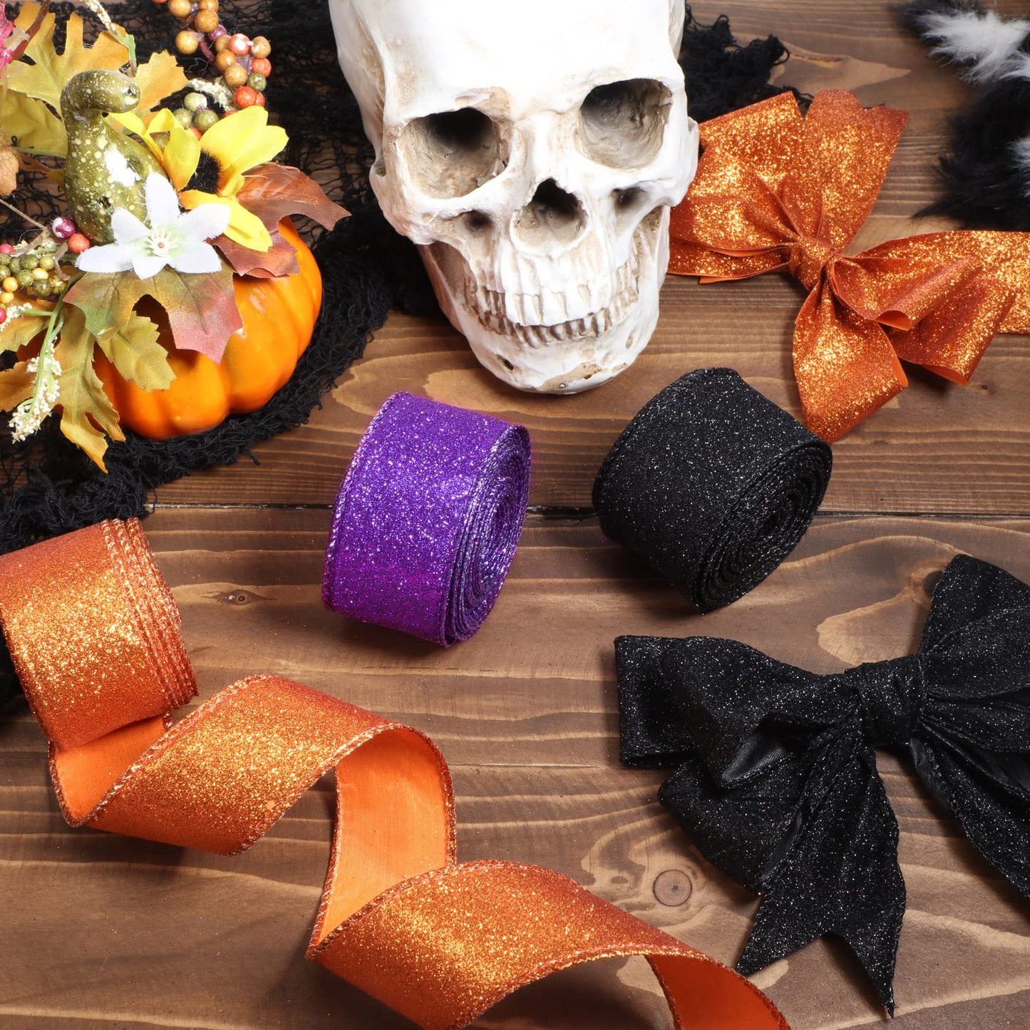 Juinte 3 Roll 30 Yards Halloween Glitter Wired Ribbon Halloween Party Favors Decor Gift Wrapping Ribbon for Craft Headband Bow Decor(1.5 Inch,Black, Orange, Purple)