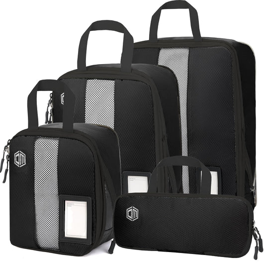 Dec-Mec 4/6 Set Compression Packing Cubes with Tag Holders for Travel, Expandable Packing Organizers, Carry On Luggage Suitcase Organizer Bags as Travel Accessories (4set,Black)