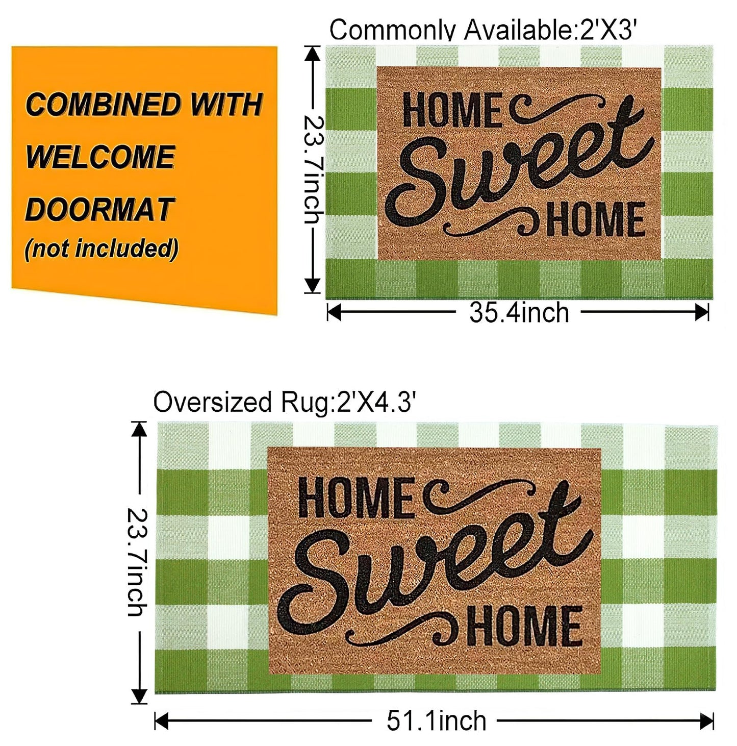 Green and White Buffalo Outdoor Rug 24''x51''Checkered Plaid Front Porch Rug Cotton Woven Machine Washable Door Mat Outdoor for Layered Doormat Hello Welcome Door Mat Kitchen Farmhouse Entryway