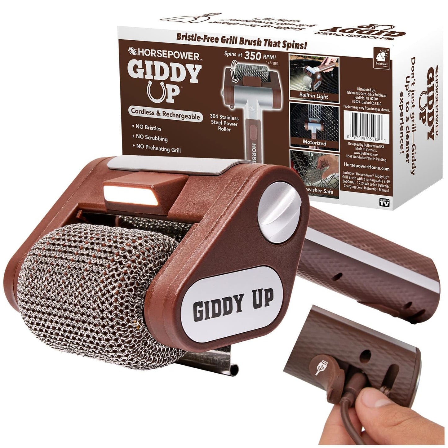 HorsePower Giddy Up Grill Cleaner AS-SEEN-ON-TV! – Cordless, Rechargeable BBQ Tool with 350 RPM Stainless Roller, LED Light – Patents Pending – From BulbHead, a Family-Owned American Brand
