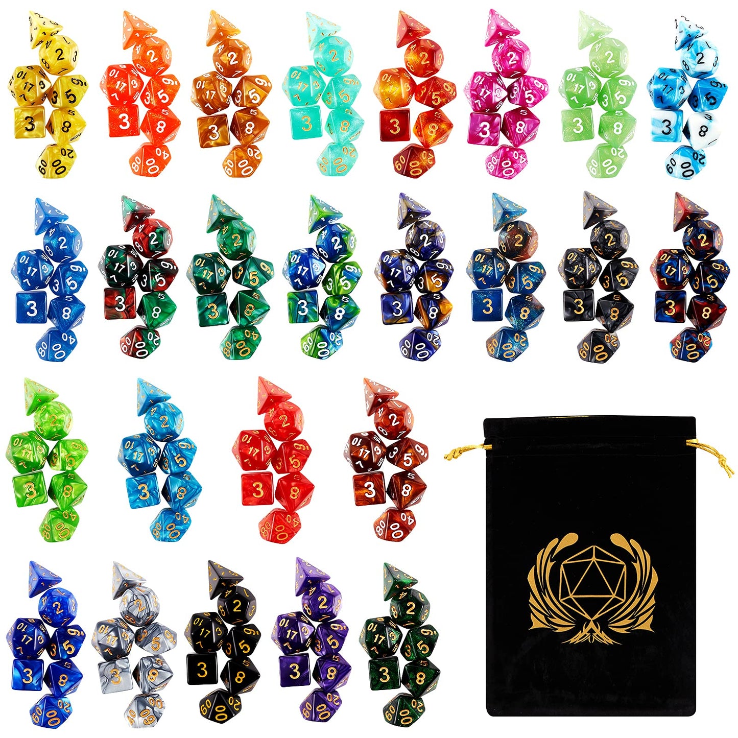 Coyeekn DND Dice Set, 25 x 7 (175 Pieces) Polyhedron Dice 25 Colors Dice for Dungeons and Dragons Tabletop Role-Playing Games with 1 Large Flannel Bag