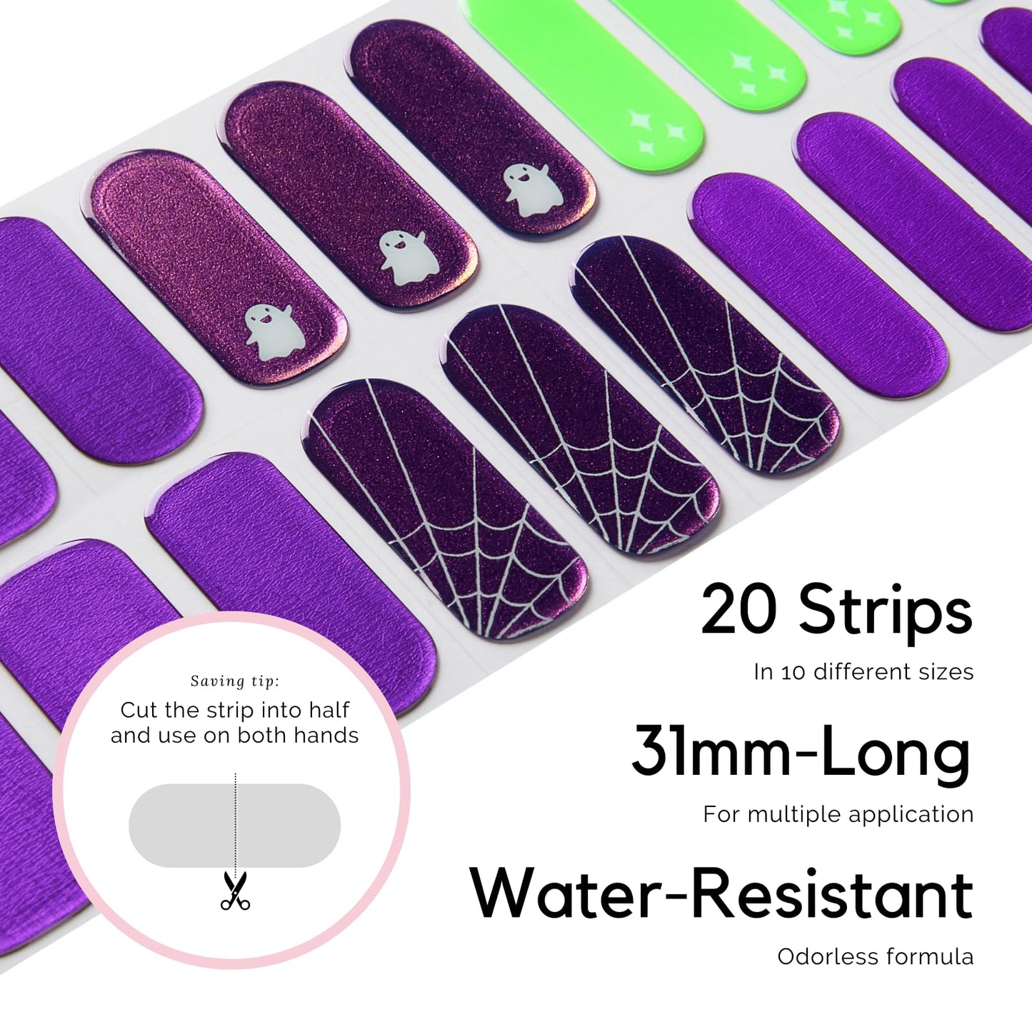 Halloween Semi Cured Gel Nail Strips - NAILOG 20 Pcs Nail Stickers Long Wraps with Glossy Gel Finishing for Autumn, Running Ghost