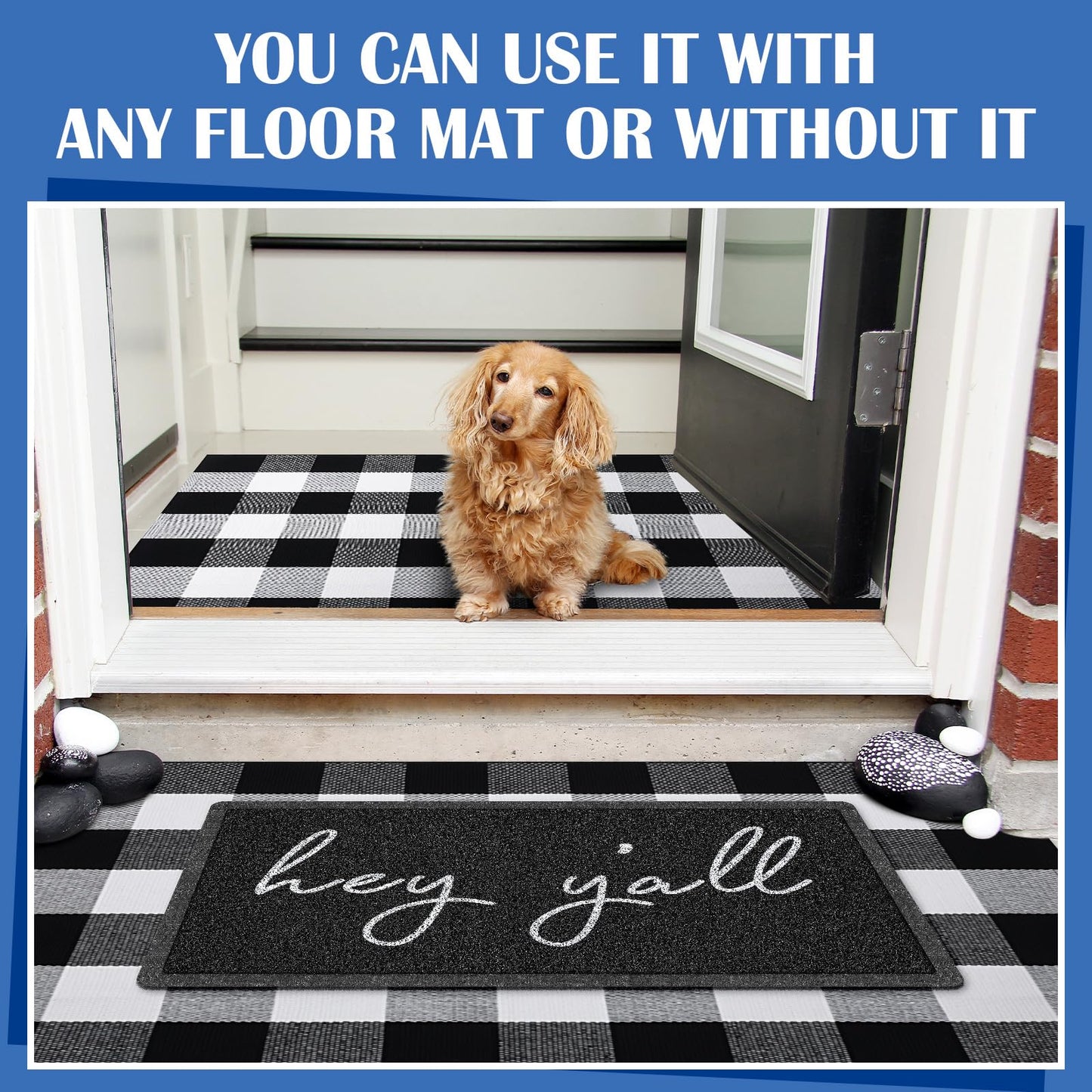 Geelin 2 Pcs Hey Y'all Welcome Mat 30'' x 18" and 43'' x 27.5'' Black White Buffalo Plaid Checkered Rug Layered Front Door Mat for Indoor Outdoor Entrance Home Coir Doormats Decor