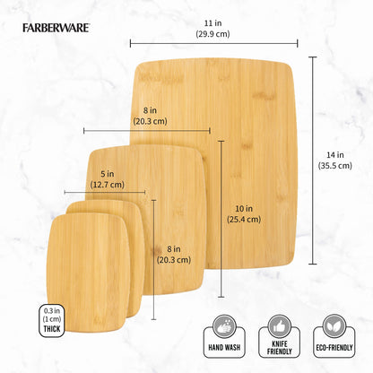 FARBERWARE 4-Piece Reversible Bamboo Cutting Board and Charcuterie Set, Assorted Sizes, Durable Wood Serving Boards for Cheese, Meats, and Prep