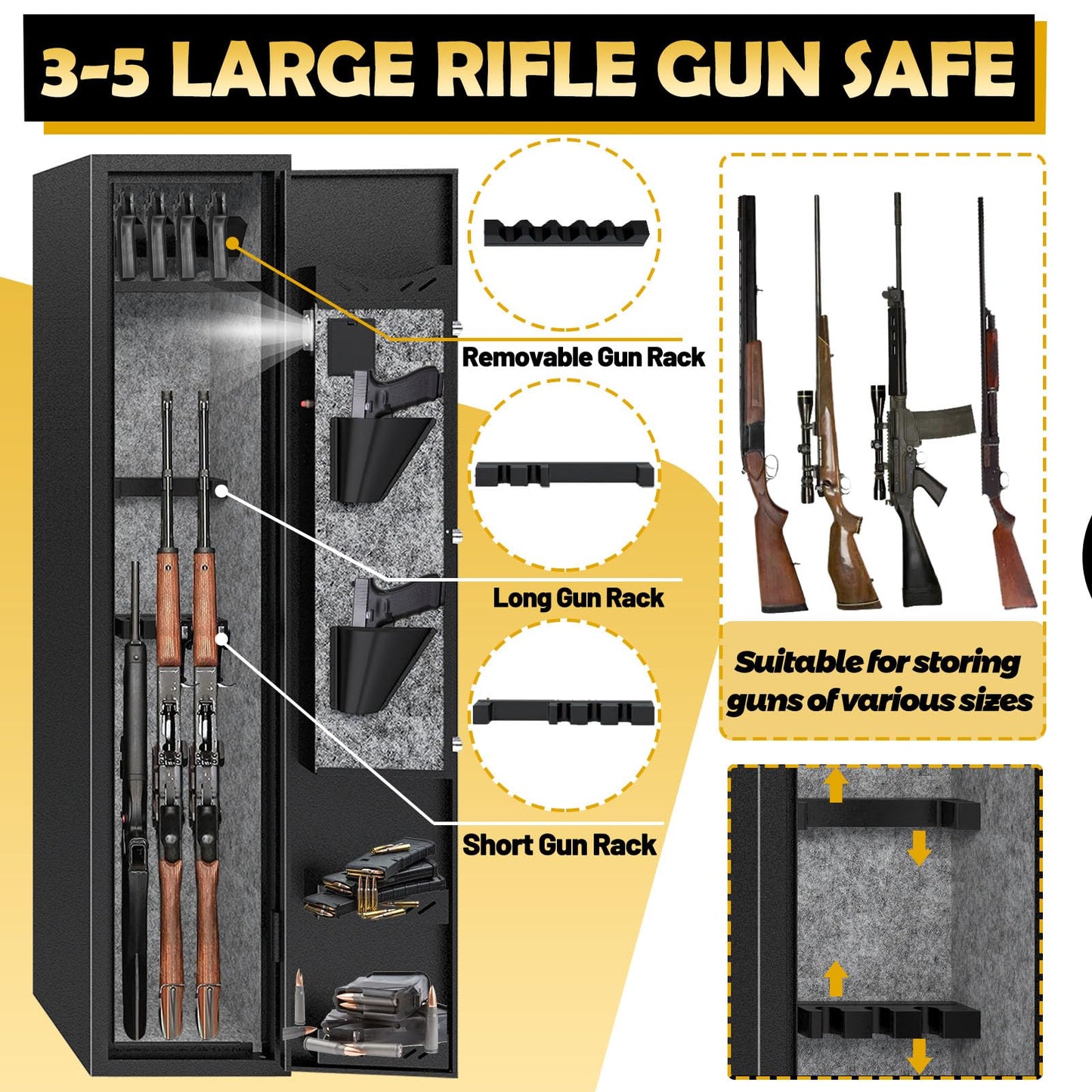 KAER 4-5 Gun Safes,Gun Safe for Rifles and Pistols,Shotgun Rifle Safe,Gun Safes for Rifle and Shotguns,Long Gun Cabinets with Fingerprint/Digital Keypad/Removable Shelf for Rifles Safes